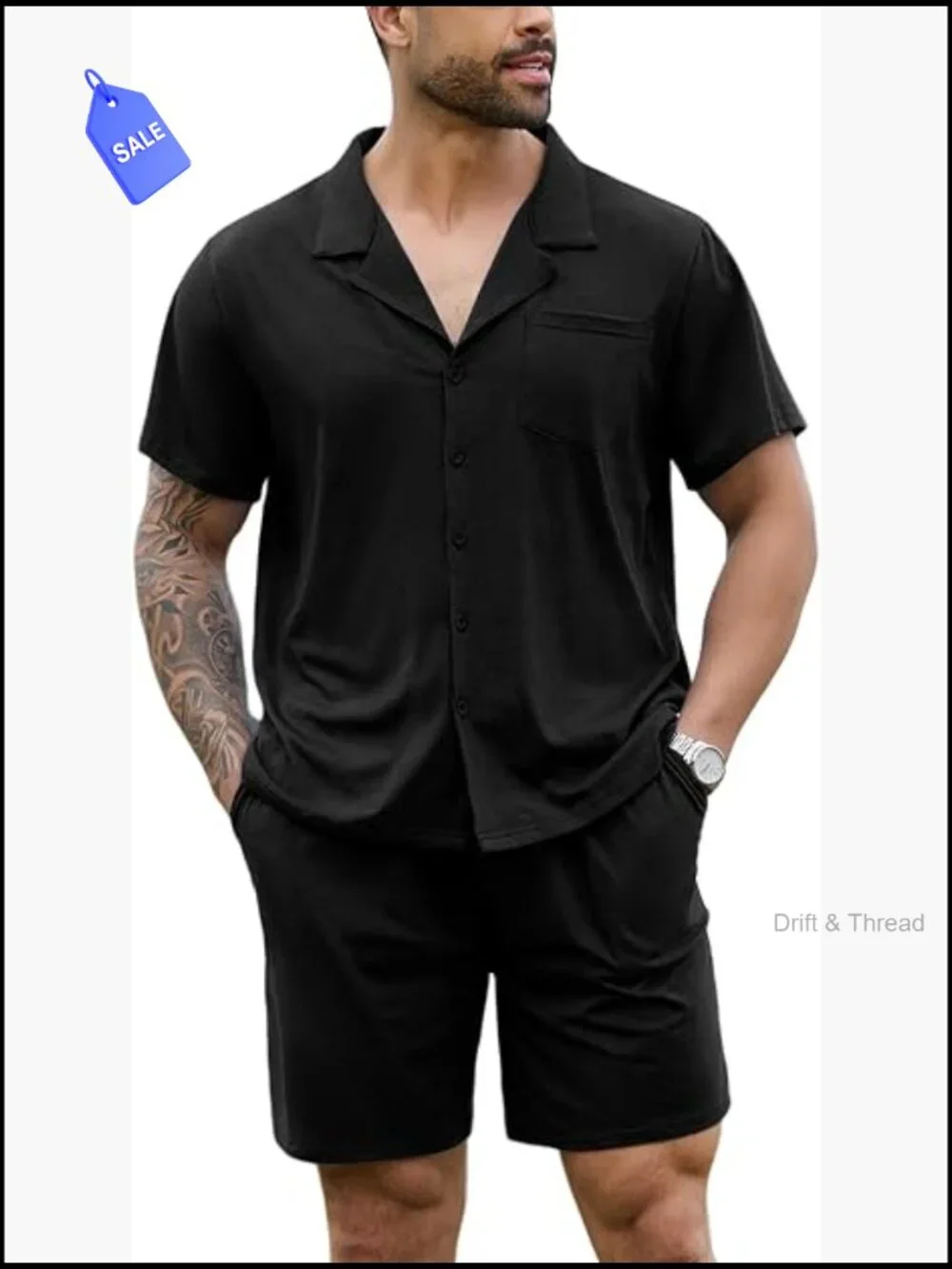 Men's 2-Piece Cotton Pajama Set Short Sleeve Button Down Lounge Set Pockets